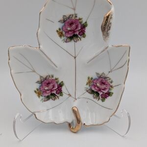 Napco Floral Leaf-Shaped Porcelain Dish with Gold Accents